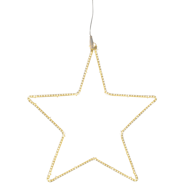Dekoracyjna gwiazda LED z elastycznego węża świetlnego, świecąca ciepłym światłem, prosty kontur oparty na cienkim stelażu, prezentowana na neutralnym tle.