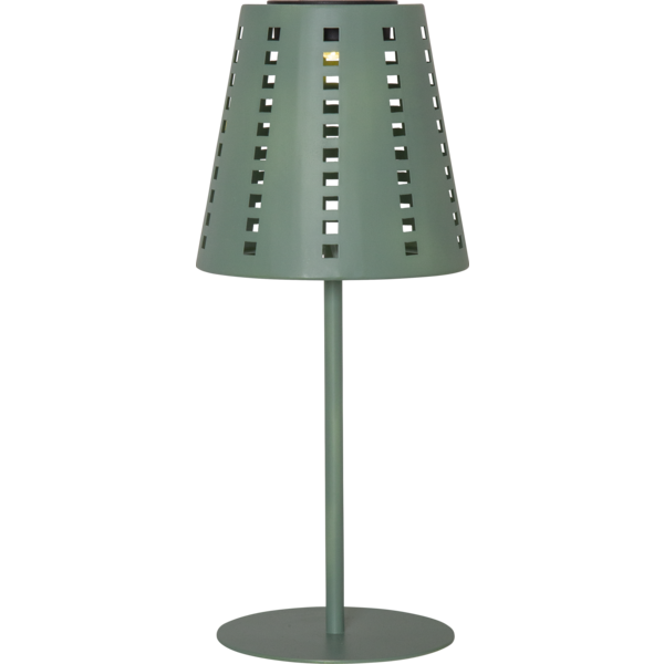 Solarna lampa stołowa ogrodowa LED zielona na białym tle, nowoczesna oprawa do oświetlenia stołu i przestrzeni zewnętrznej.