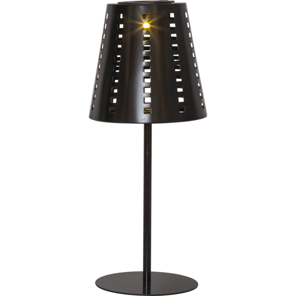 Solarna lampa stołowa ogrodowa LED czarna na białym tle, nowoczesna oprawa do oświetlenia stołu i przestrzeni zewnętrznej.