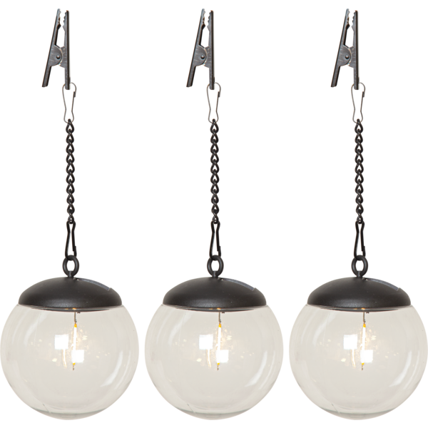 Zestaw trzech wiszących lamp solarnych LED z transparentnymi kulami i klipsami do zawieszenia. Produkt prezentowany na białym tle z widocznymi łańcuszkami mocującymi.
