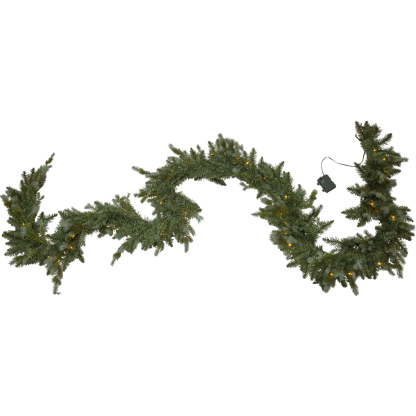 Zielona girlanda świerkowa LED ułożona na białym tle, z delikatnie rozłożonymi gałązkami i widocznym pojemnikiem na baterie.