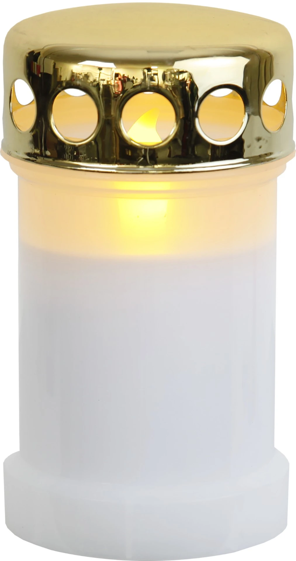 Produktowe zdjęcie białego znicza LED z realistycznym płomieniem i złotą pokrywką, widok zbliżeniowy na detale.