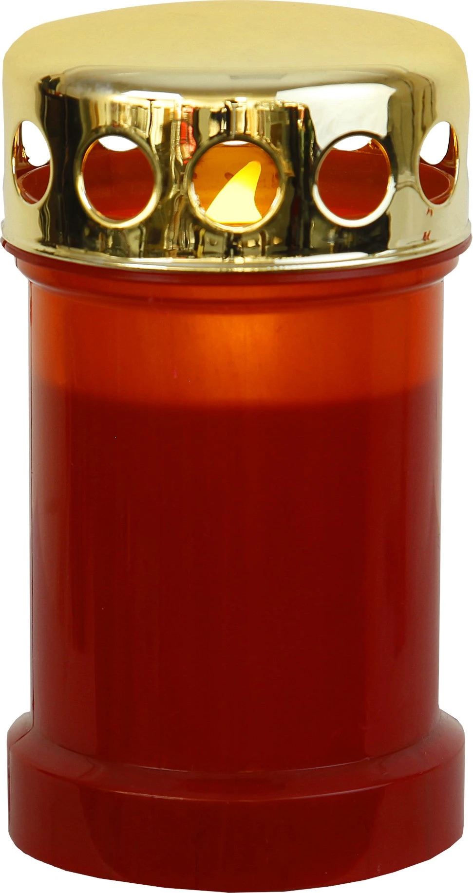 Zbliżenie czerwonego znicza LED z delikatnie migoczącym płomieniem i połyskującą złotą nakrywką.