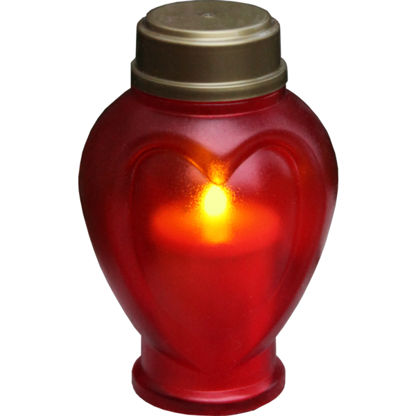Czerwony znicz LED w kształcie serca z delikatnym światłem płomienia, wieczorna dekoracja nagrobna na Wszystkich Świętych.