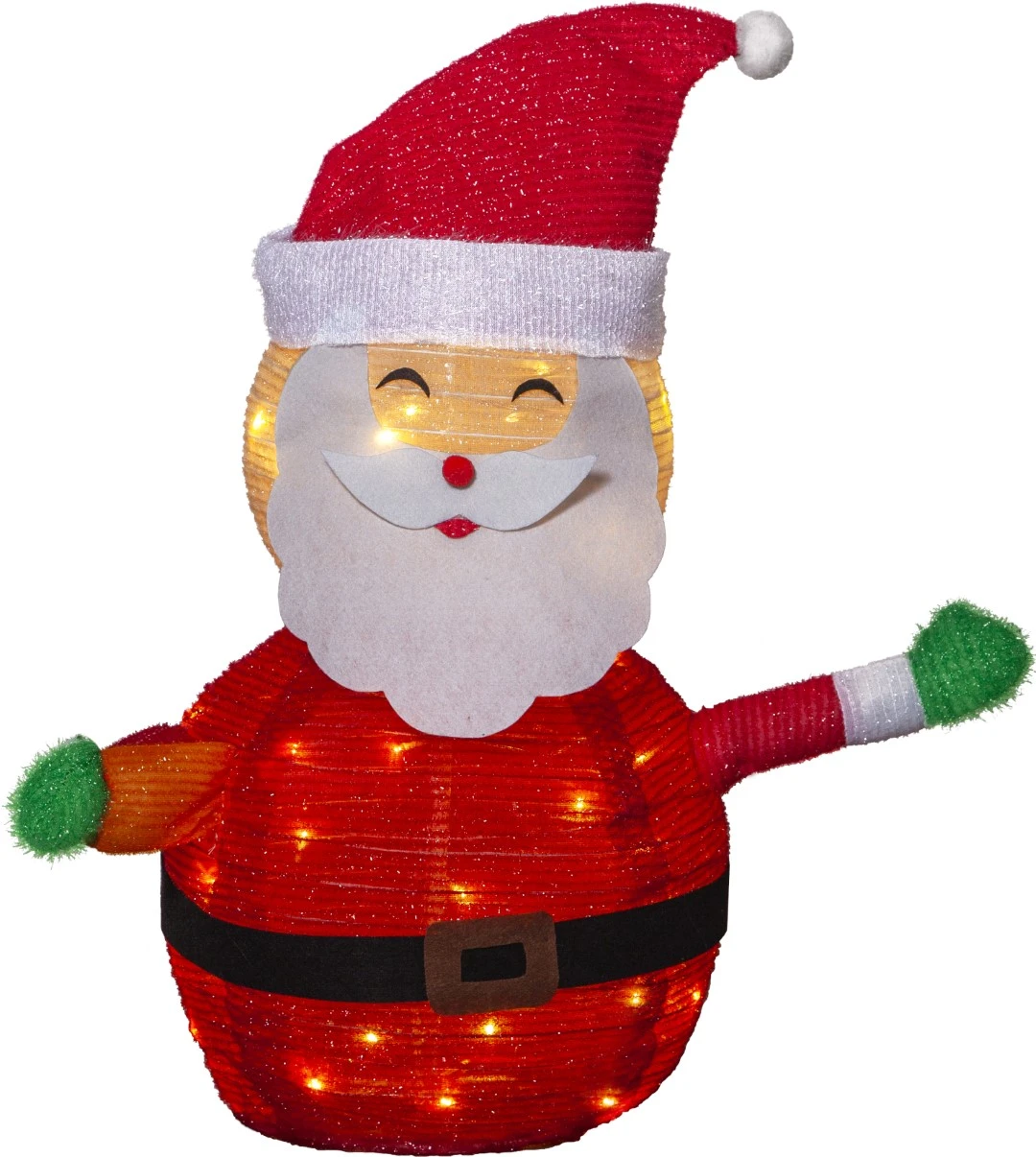 Święty Mikołaj LED jako dekoracja świąteczna na białym tle. Widoczna czerwona czapka, broda, pas oraz drobne punkty ciepłego światła rozmieszczone wewnątrz sylwetki.