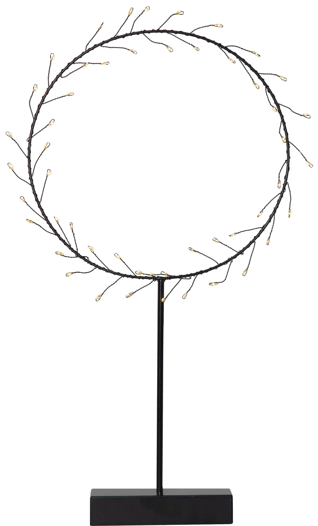 Okrągły wieniec LED z delikatnej formy świetlnej na czarnej podstawie, pokazany na jasnym tle; ciepłe, drobne punkty światła tworzą subtelny, elegancki efekt dekoracyjny.