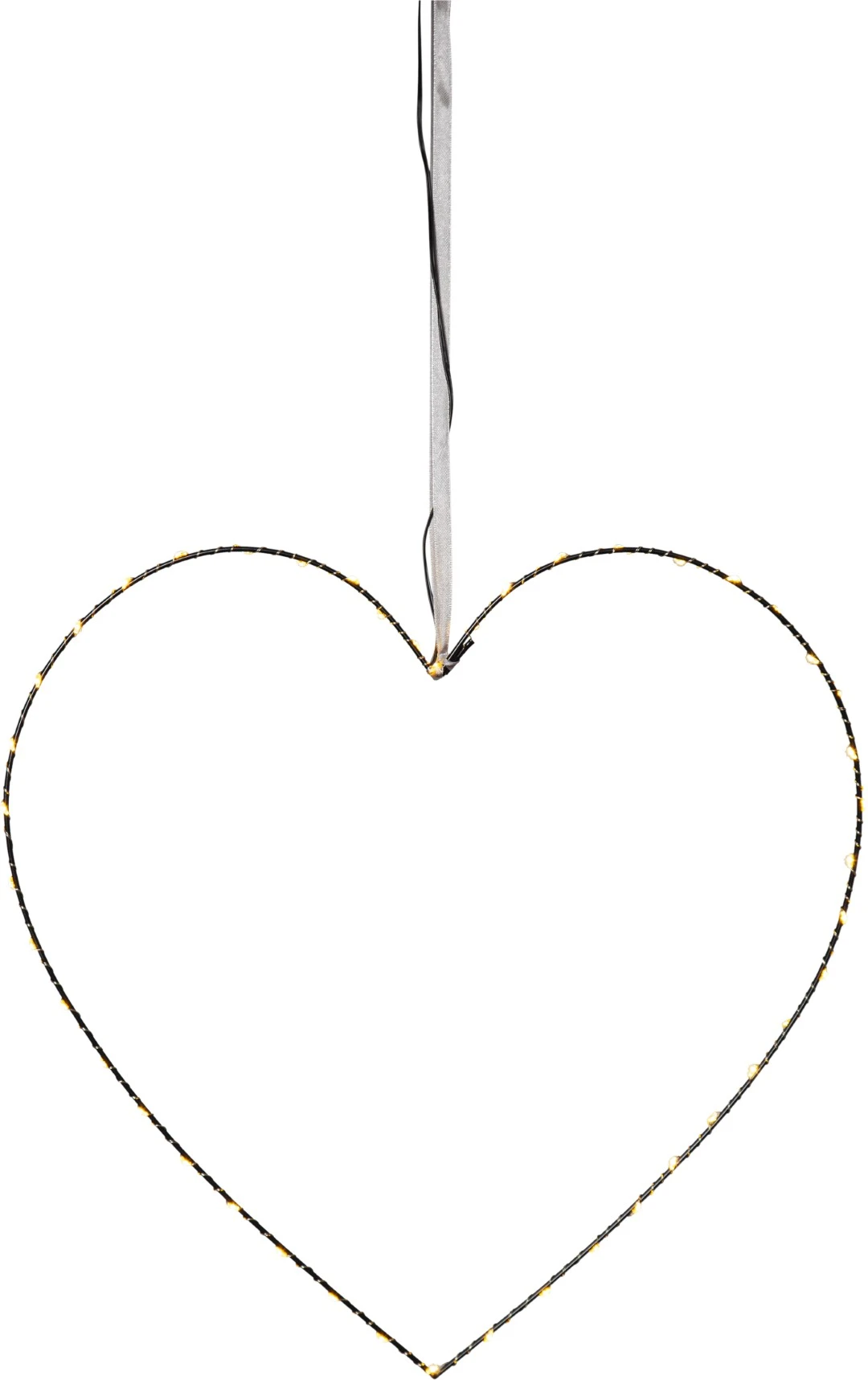 Lekka, romantyczna dekoracja LED w kształcie serca na smukłej ramie z drobnymi światełkami, zawieszona na jasnej wstążce, przedstawiona na białym tle w ciepłym, nastrojowym świetle.