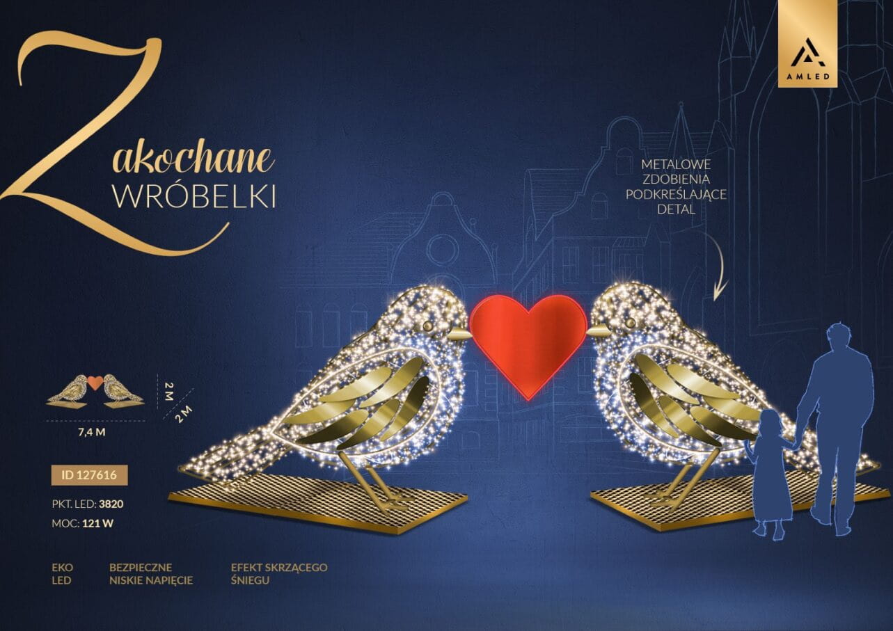 Dekoracja świetlna „Zakochane Wróbelki” – dwa złote ptaki LED z czerwonym sercem pośrodku. Grafika z opisem cech, wymiarów i parametrów technicznych na granatowym tle.