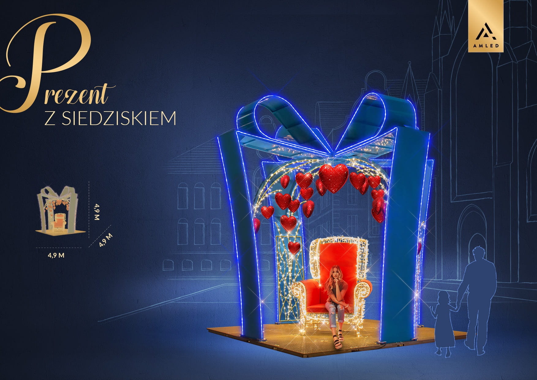 Infografika przedstawiająca fotopunkt LED „Prezent z siedziskiem” z wymiarami, opisem dwustronnego oświetlenia LED neon oraz trwałej aluminiowej konstrukcji. Dekoracja z siedziskiem i sercami, przeznaczona do sesji zdjęciowych.