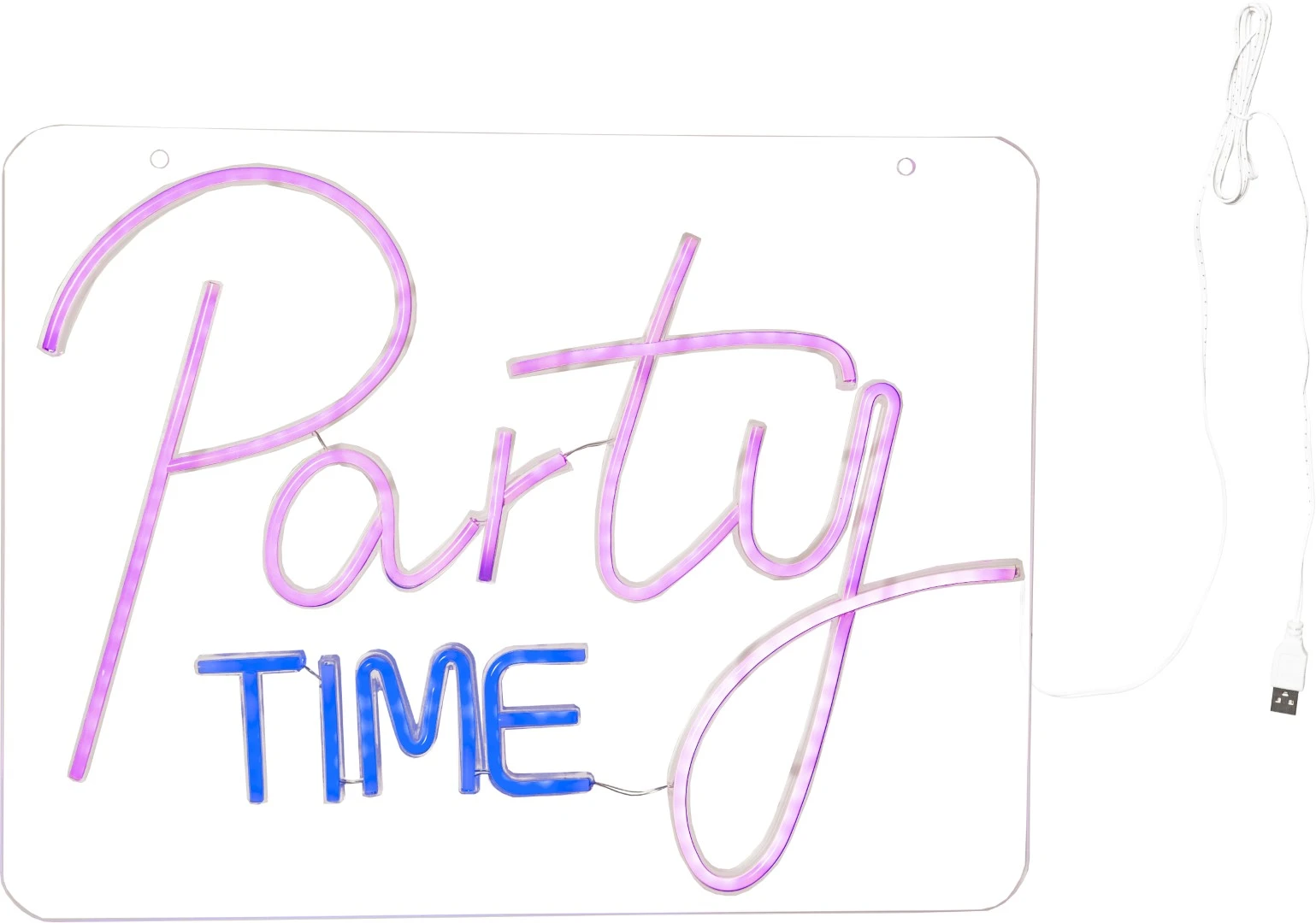 Neon LED Party Time w różowym i niebieskim kolorze, zamocowany na przezroczystej płycie z widocznym przewodem USB po prawej stronie, zaprezentowany na białym tle.