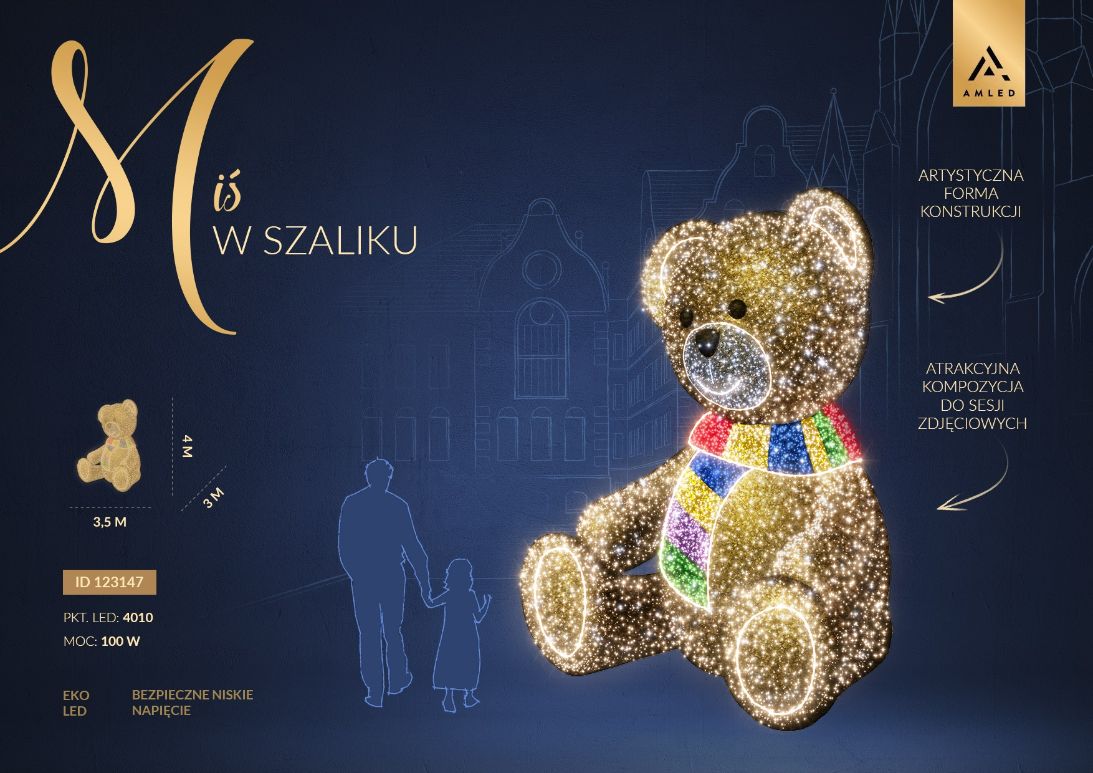Wizualizacja Misia w szaliku 3D LED z opisem parametrów – 4010 punktów LED, wysokość 3,5 m, moc 100 W, artystyczna forma konstrukcji i atrakcyjna kompozycja do sesji zdjęciowych.