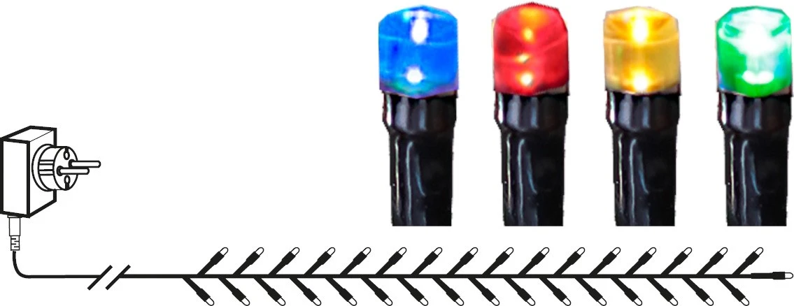 Schemat lampek choinkowych LED 1500 diod Multikolor FLASHY z kolorowymi żarówkami i czarnym przewodem.