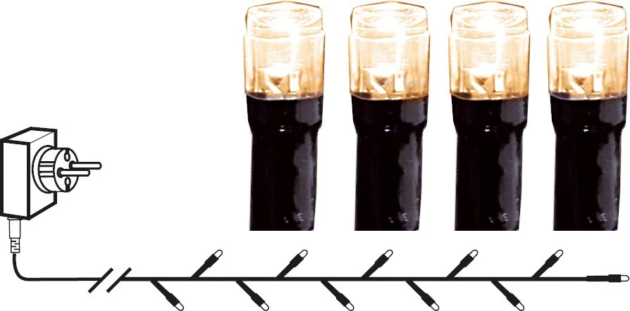 Infografika lampek choinkowych LED – 100 diod rozmieszczonych na długości 7 m, przewód czarny, barwa światła ciepła biała 1900K.