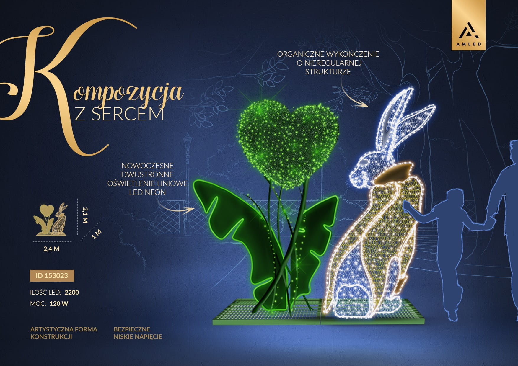 Kompozycja LED z sercem i zającem dekoracja świetlna 3D do parków i przestrzeni miejskich z podświetlanym zielonym sercem i świetlnym zającem, efekt neon LED, bezpieczne niskie napięcie, atrakcyjny fotopunkt sezonowy.