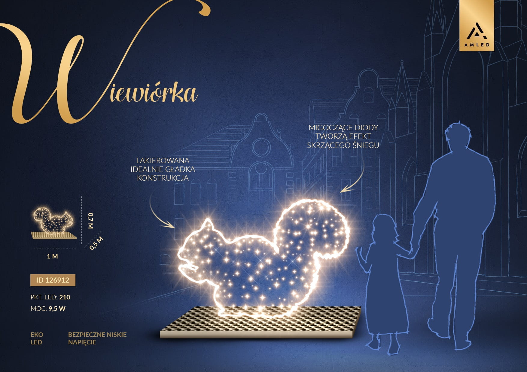 Wiewiórka LED dekoracyjny fotopunkt z podświetlaną sylwetką zwierzęcia, instalacja parkowa do zdjęć ustawiona w przestrzeni miejskiej, przyciągająca uwagę ciepłym światłem i przyjazną, bajkową formą kompozycji. ID 126912.