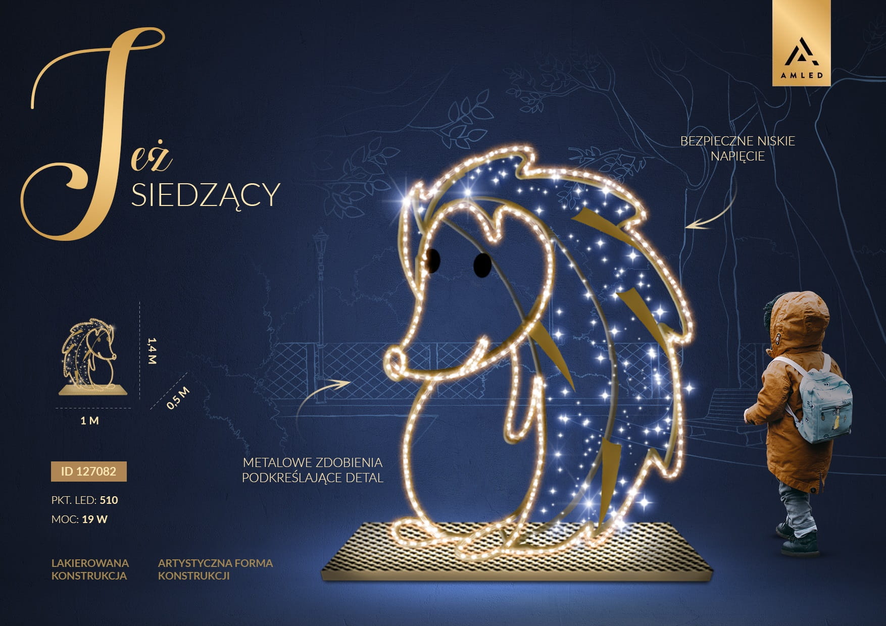 Jeż siedzący LED dekoracja świetlna 3D do parków i przestrzeni miejskich z ciepłym białym oświetleniem i połyskującymi detalami, przyjazna instalacja dla dzieci i rodzin, energooszczędny element iluminacji plenerowej. ID 127082.