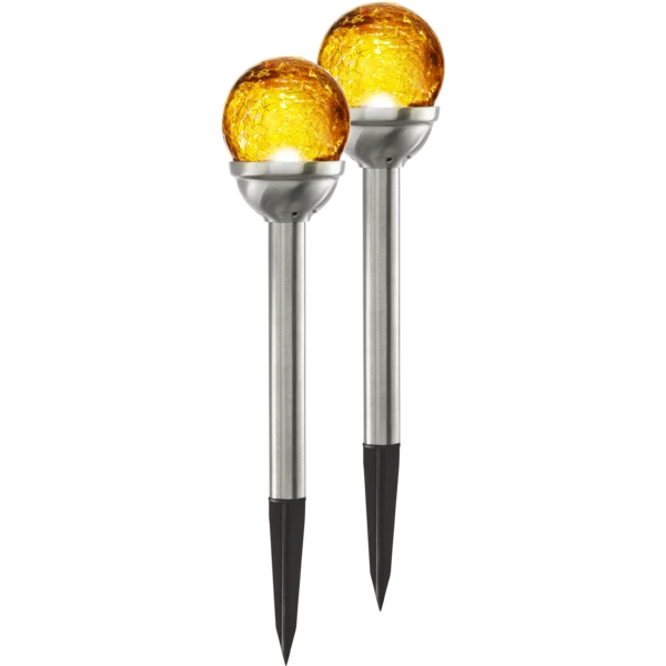 Zestaw dwóch solarnych lamp LED na sztycy z bursztynowymi kulami, dekoracyjne oświetlenie ogrodowe do ścieżek, rabat i nowoczesnych aranżacji zewnętrznych.