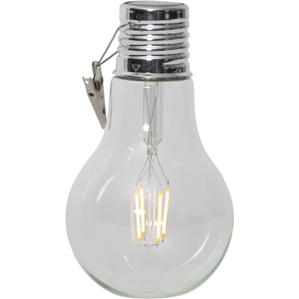 Przezroczysta solarna lampka LED w formie klasycznej żarówki z metalowym klipsem do zawieszenia. Widoczny filament świetlny oraz dekoracyjna konstrukcja produktu na białym tle.