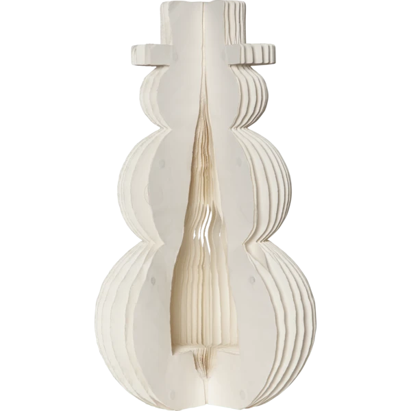 Dekoracja w kształcie bałwanka z papieru na białym tle; widoczna warstwowa konstrukcja i delikatna forma podkreślają dekoracyjny, subtelny charakter produktu.