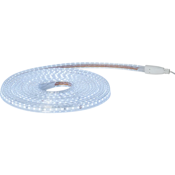 Elastyczny wąż LED w zimnej barwie światła, zwinięty w krąg na białym tle, z widocznym przewodem zasilającym.