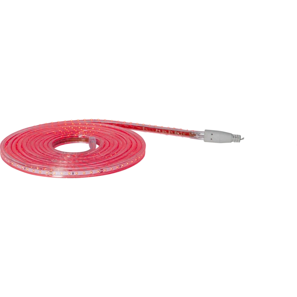 Czerwony wąż LED nawinięty w spiralę, z widocznym przewodem zasilającym i złączem, przeznaczony do dekoracji i oświetlenia.