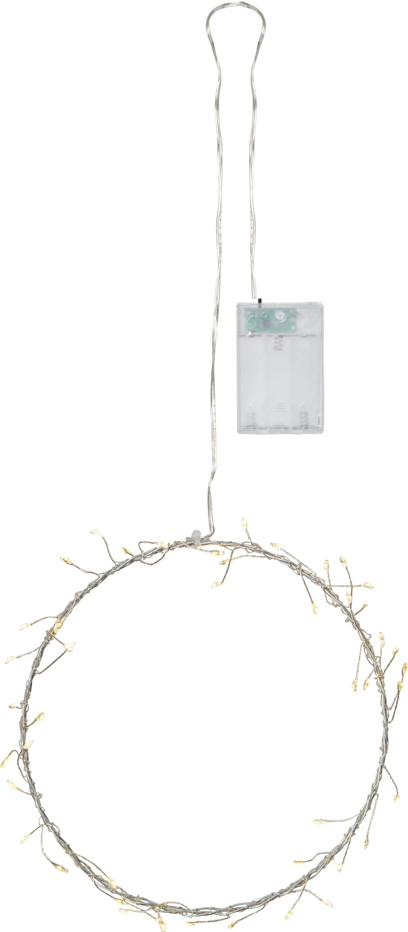 Wianek LED wykonany z delikatnej, metalicznej obręczy z drobnymi punktami światła, prezentowany na białym tle wraz z przezroczystym pojemnikiem na baterie jako dekoracja do zawieszenia we wnętrzach.