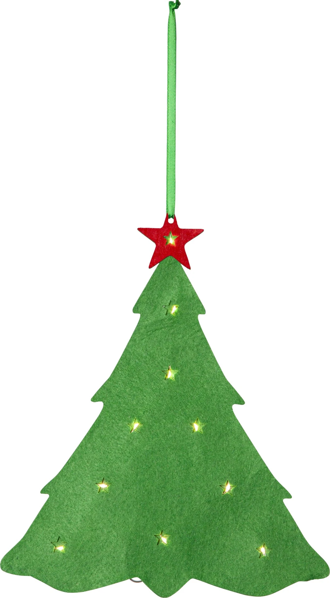 Zielona dekoracja w formie filcowej choinki z podświetlanymi gwiazdkami i czerwoną gwiazdą na szczycie, przedstawiona na białym tle jako ozdoba do zawieszenia.