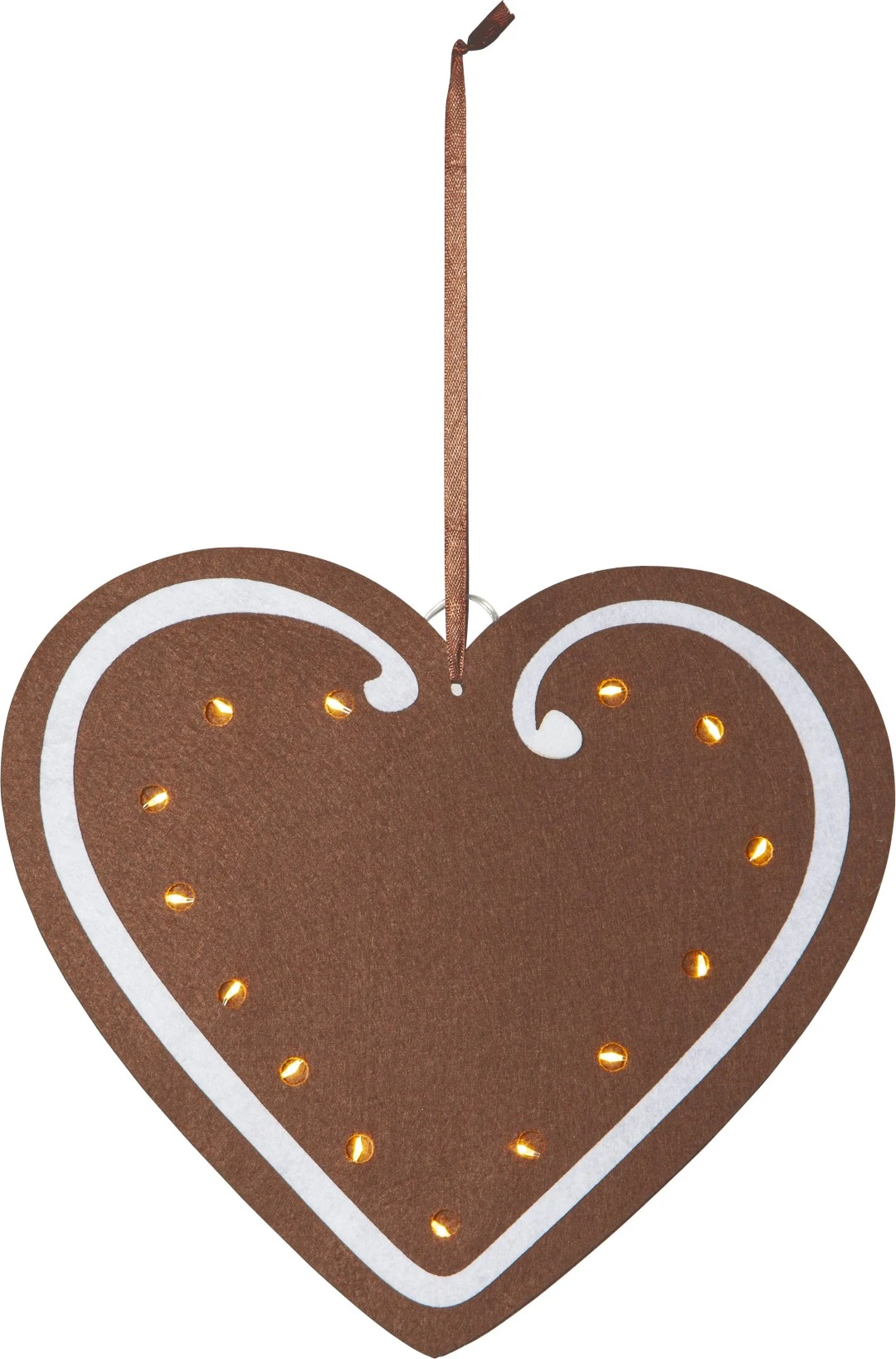 Brązowe filcowe serce świąteczne LED z równomiernie rozmieszczonymi diodami, zaprezentowane na białym tle.