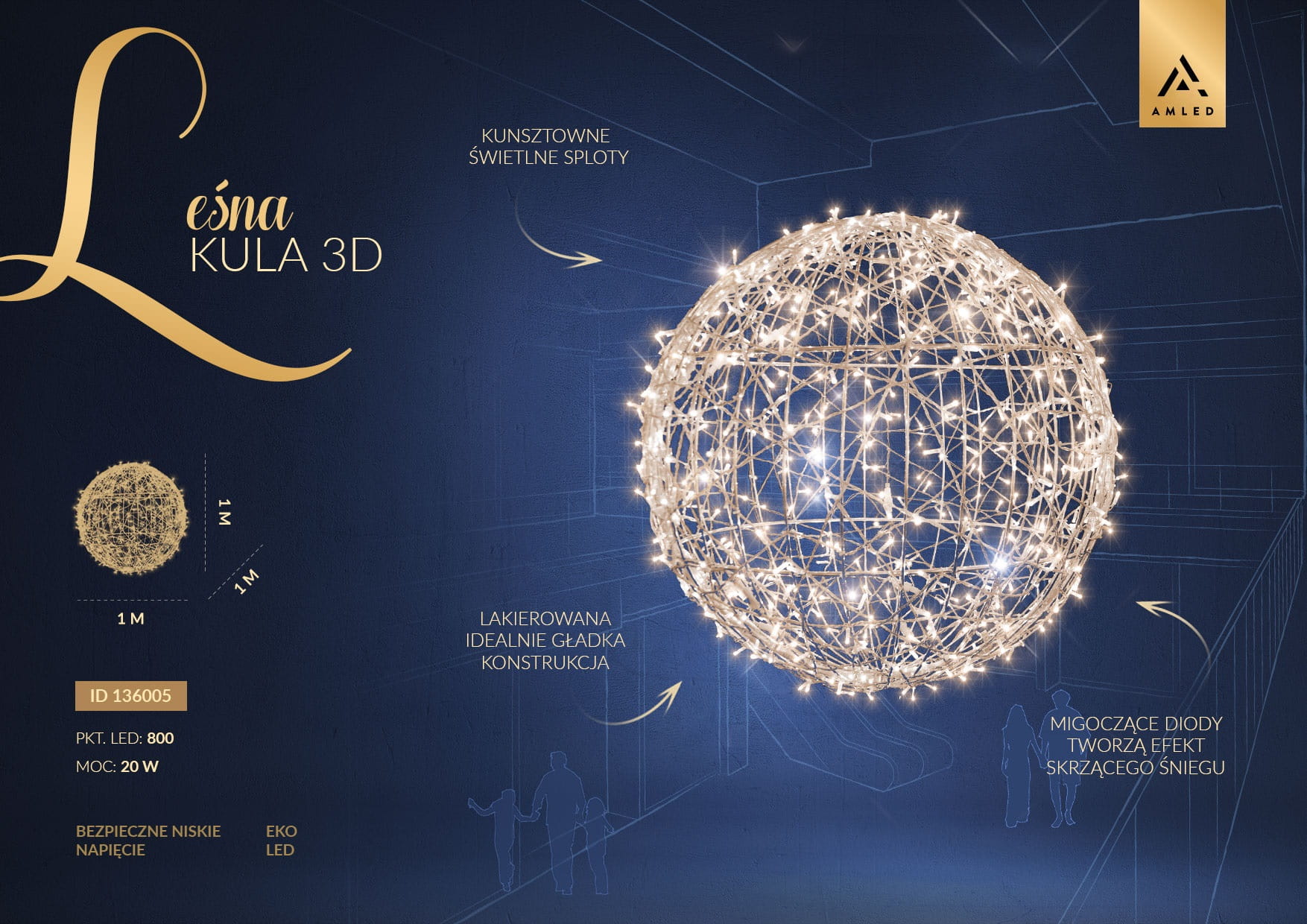 Grafika informacyjna prezentująca Leśną Kulę 3D 1 m z liczbą punktów LED, mocą i efektami świetlnymi. Dekoracja sezonowa do aranżacji miejskich.