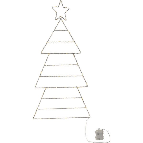 Świąteczna dekoracja LED w kształcie choinki z gwiazdą z widocznym przewodem zasilającym prezentowana na białym tle delikatne światło podkreśla formę i charakter dekoracji.