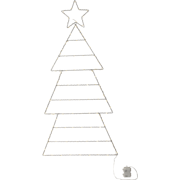 Świąteczna dekoracja LED w kształcie choinki z gwiazdą z widocznym przewodem zasilającym prezentowana na białym tle delikatne światło podkreśla formę i charakter dekoracji.